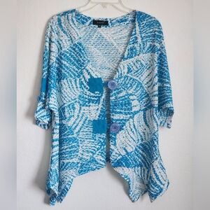 Kaktus Blue & White Open Cardigan V-neck Short Sleeve Semi-Sheer Sz M (EUC)